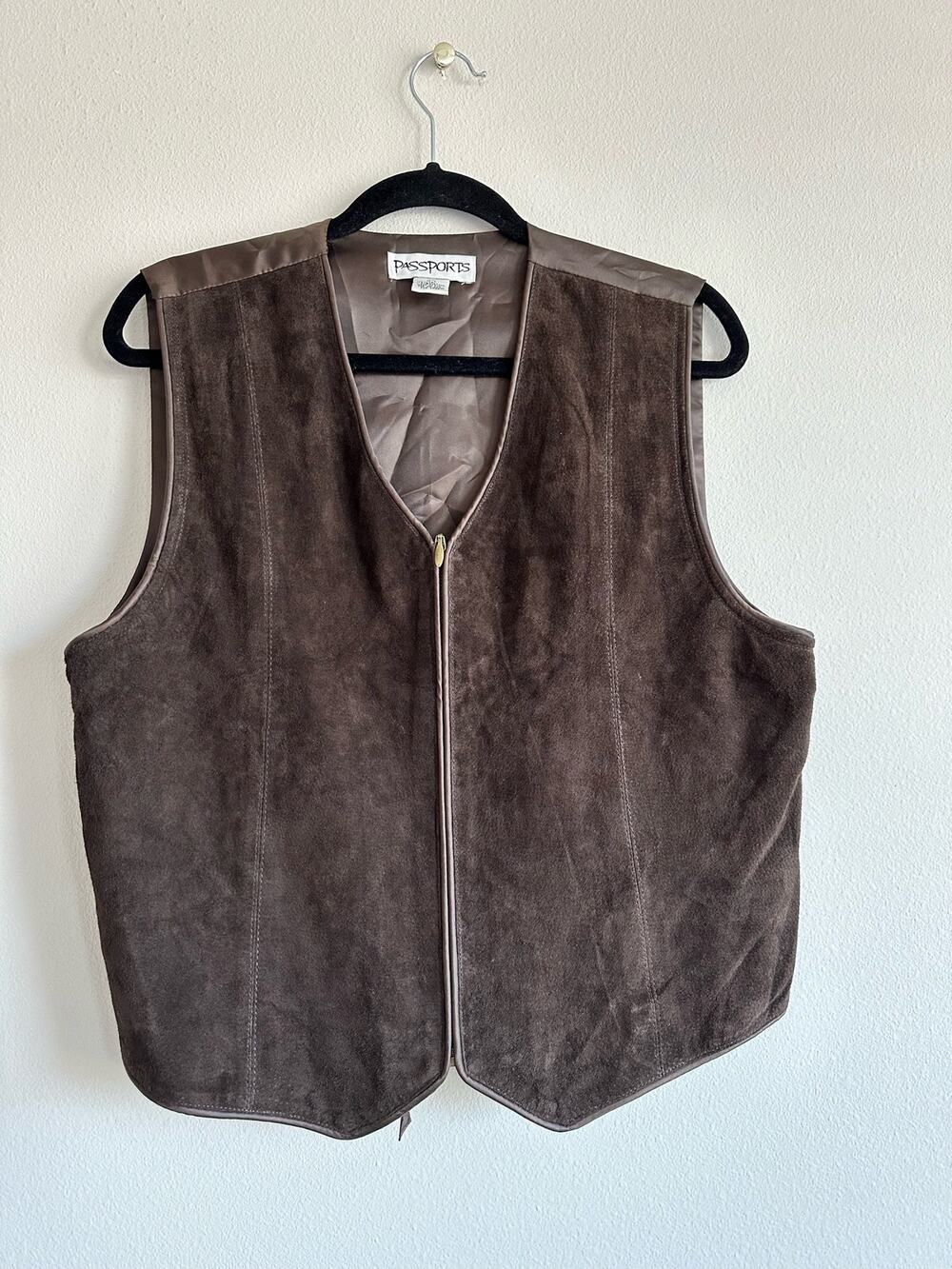 Vintage 90s Brown Suede Leather Vest Mens L Gold Zip Western Boho